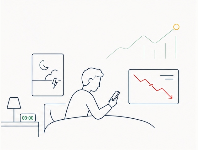 Line drawing: someone awake at 3am watching a falling chart on their phone