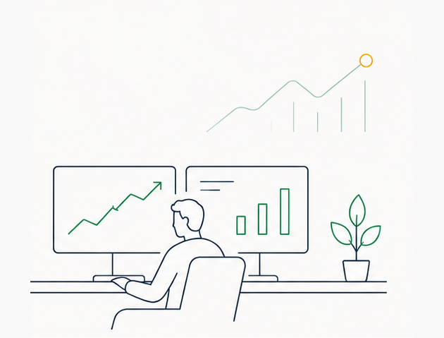 Line drawing: an engineer at two screens watching a rising equity curve