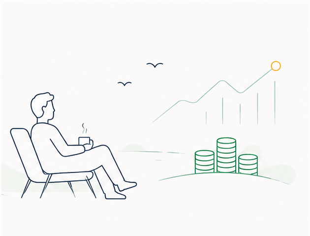 Line drawing: someone sitting with coffee while the market runs in the background